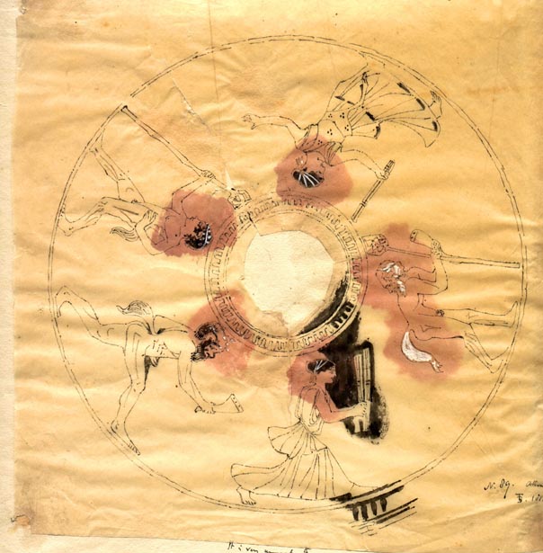 (89) circular  drawing with 5 figures satyrs and females carrying things